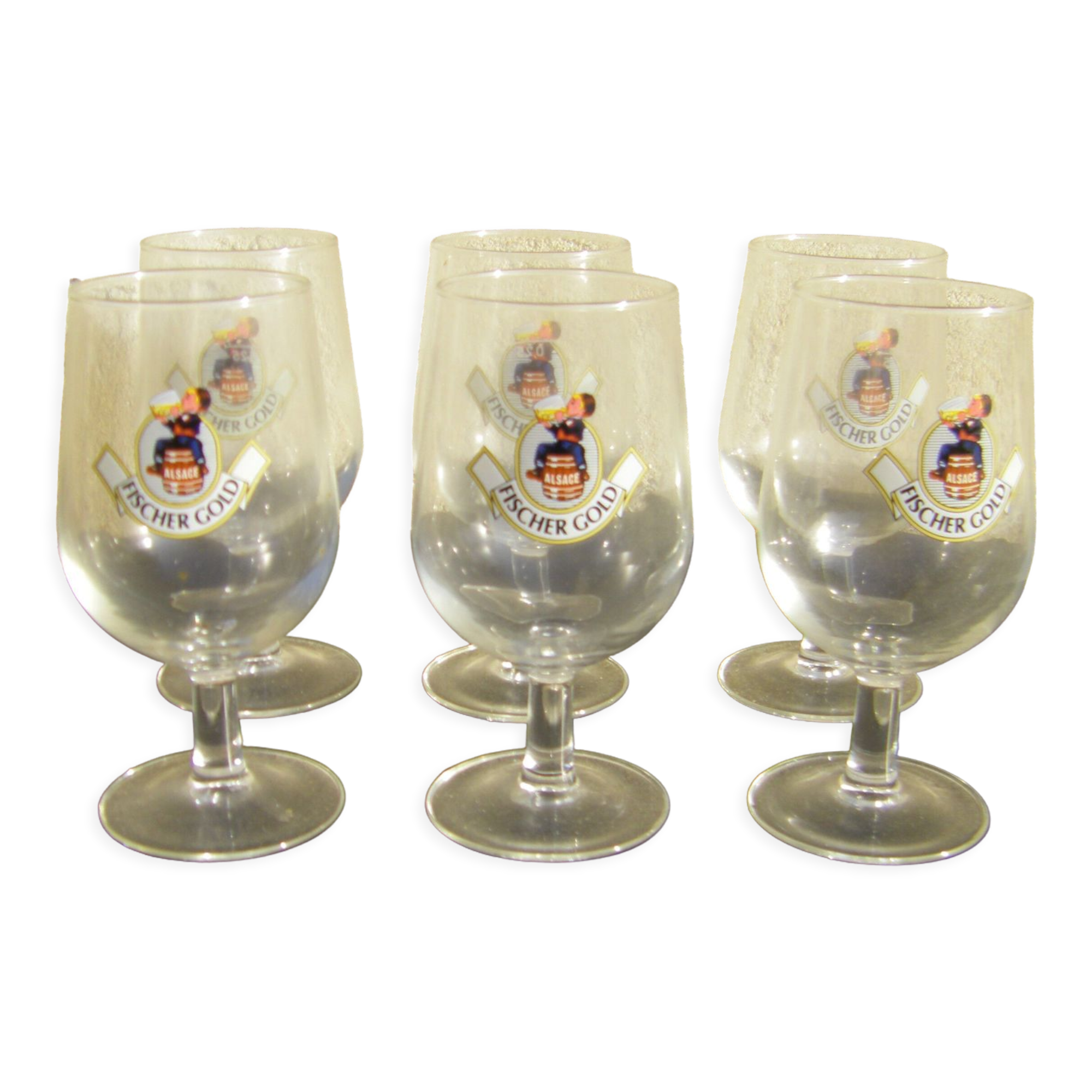 Six Fischer Gold beer glasses