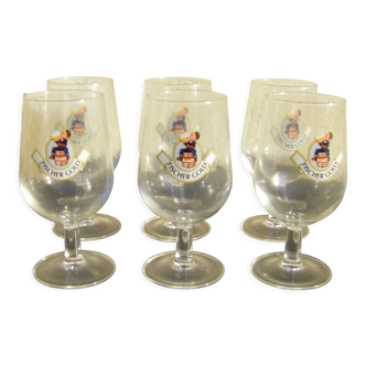 Six Fischer Gold beer glasses