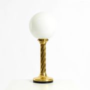 Large 1960s brass column-style table lamp with frosted glass globe