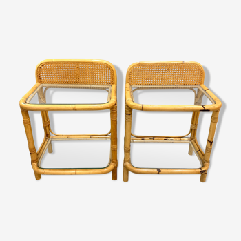 Pair of vintage rattan and glass bedside tables