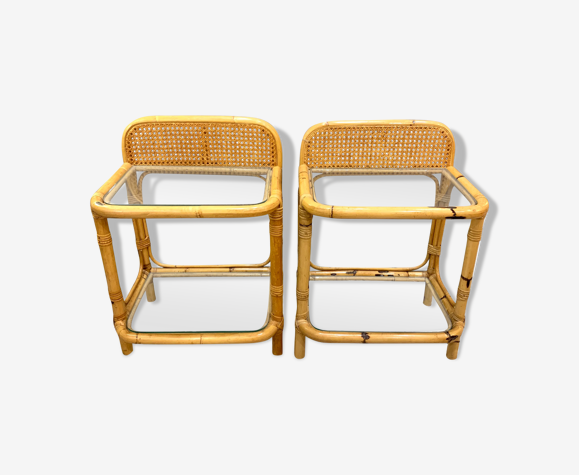 Paire de chevets vintage rotin et verre