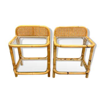 Pair of vintage rattan and glass bedside tables