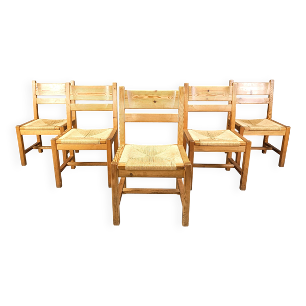 Ensemble de 5 chaises en bois de pin par GM Mobler, années 1960.
