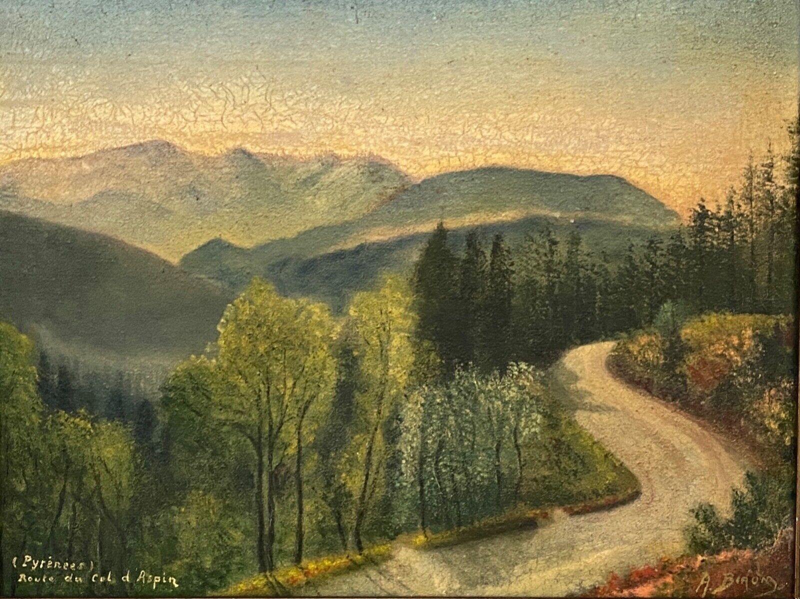 Huile sur toile par A. Biron Pyrénées route du col d'Aspin XXe