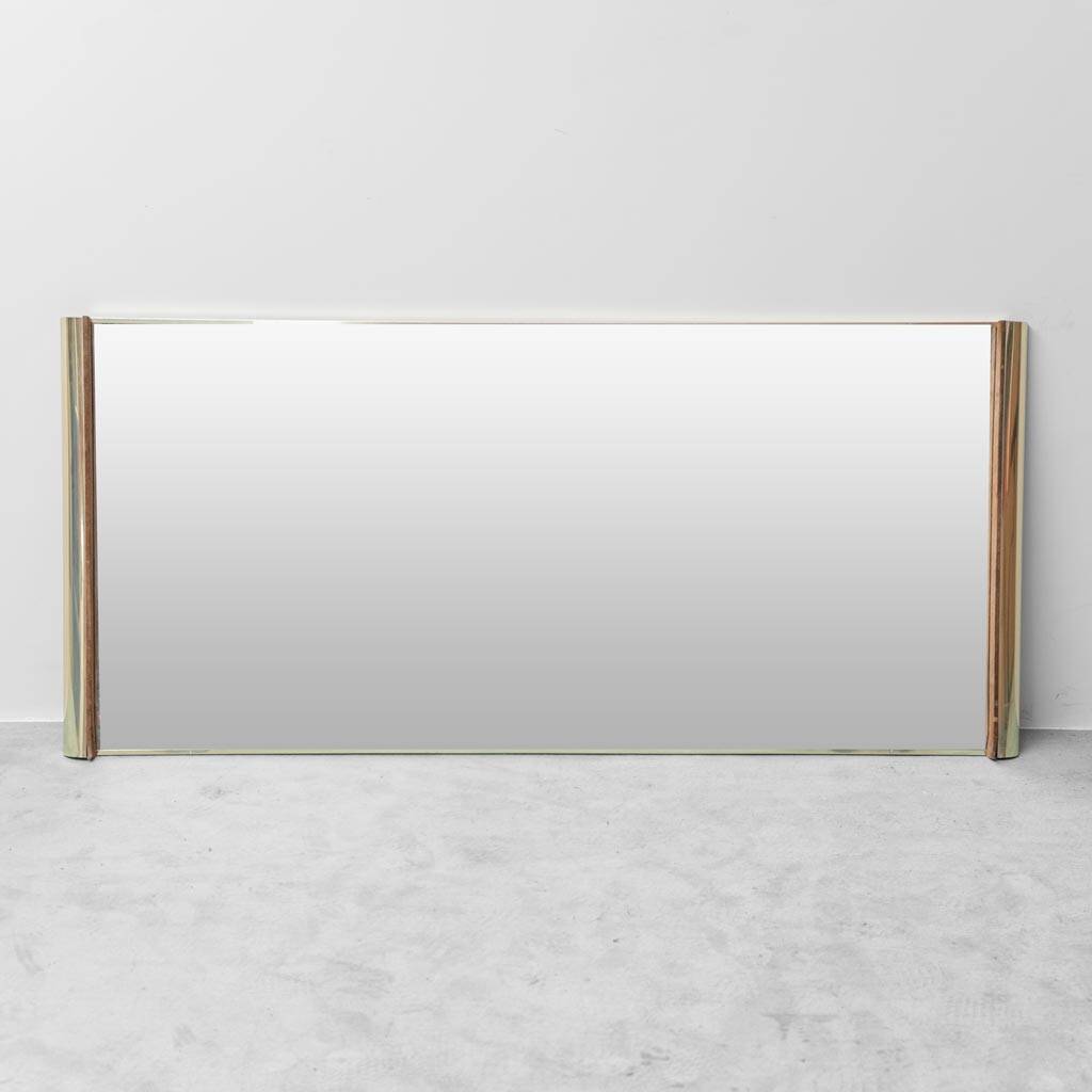 Large vintage mirror with brass and suede frame, 1970s – modernist design
