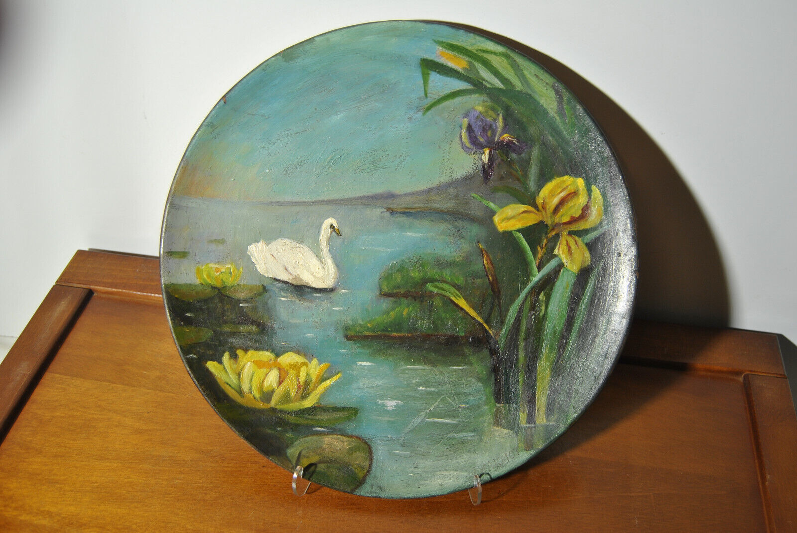 Set of 3 dishes 19th century terracotta painting 1895 boat lily lily swan