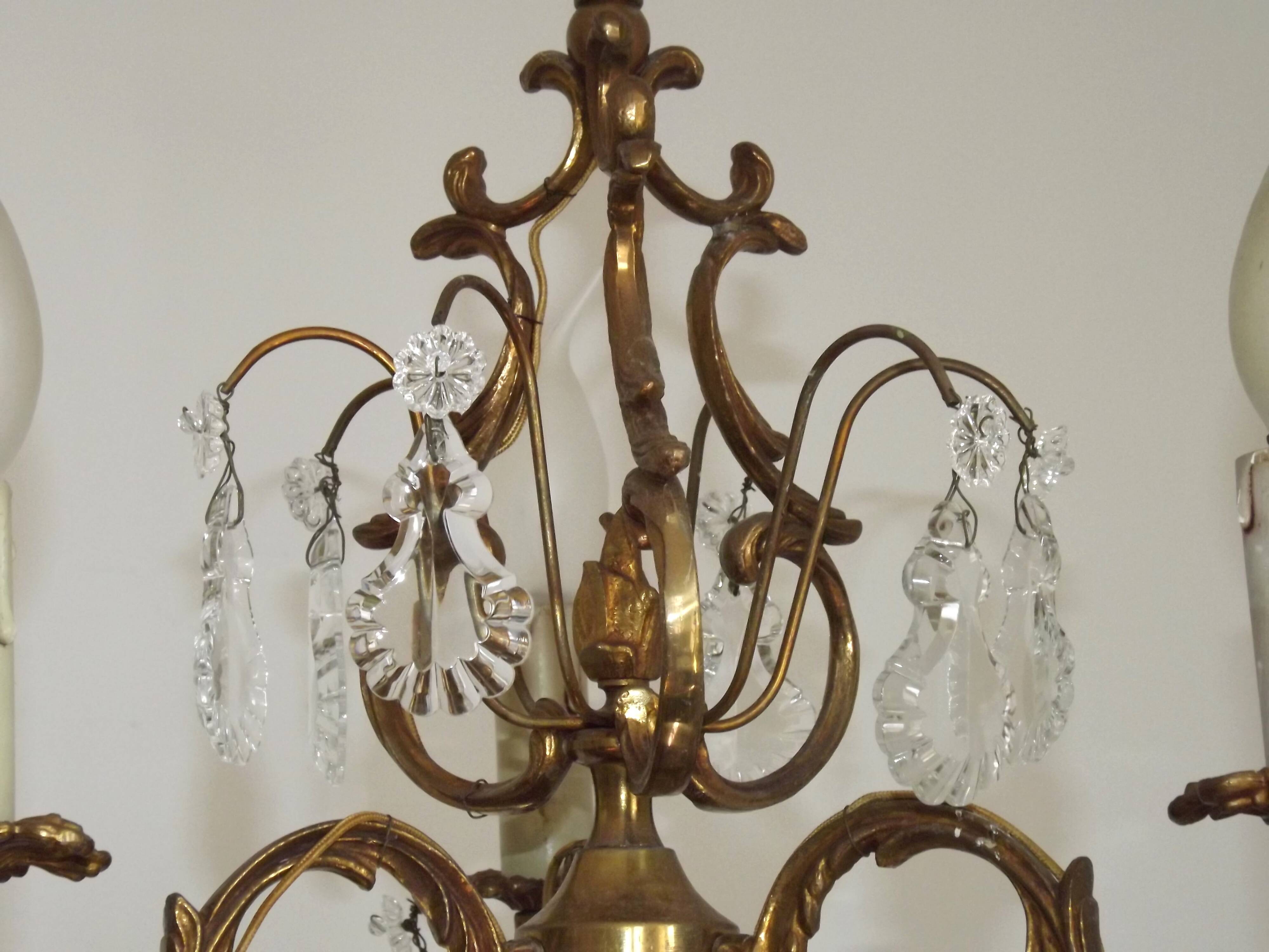 Chandelier en cage en bronze et cristal à 3 lumières Acanthus Art Nouveau français