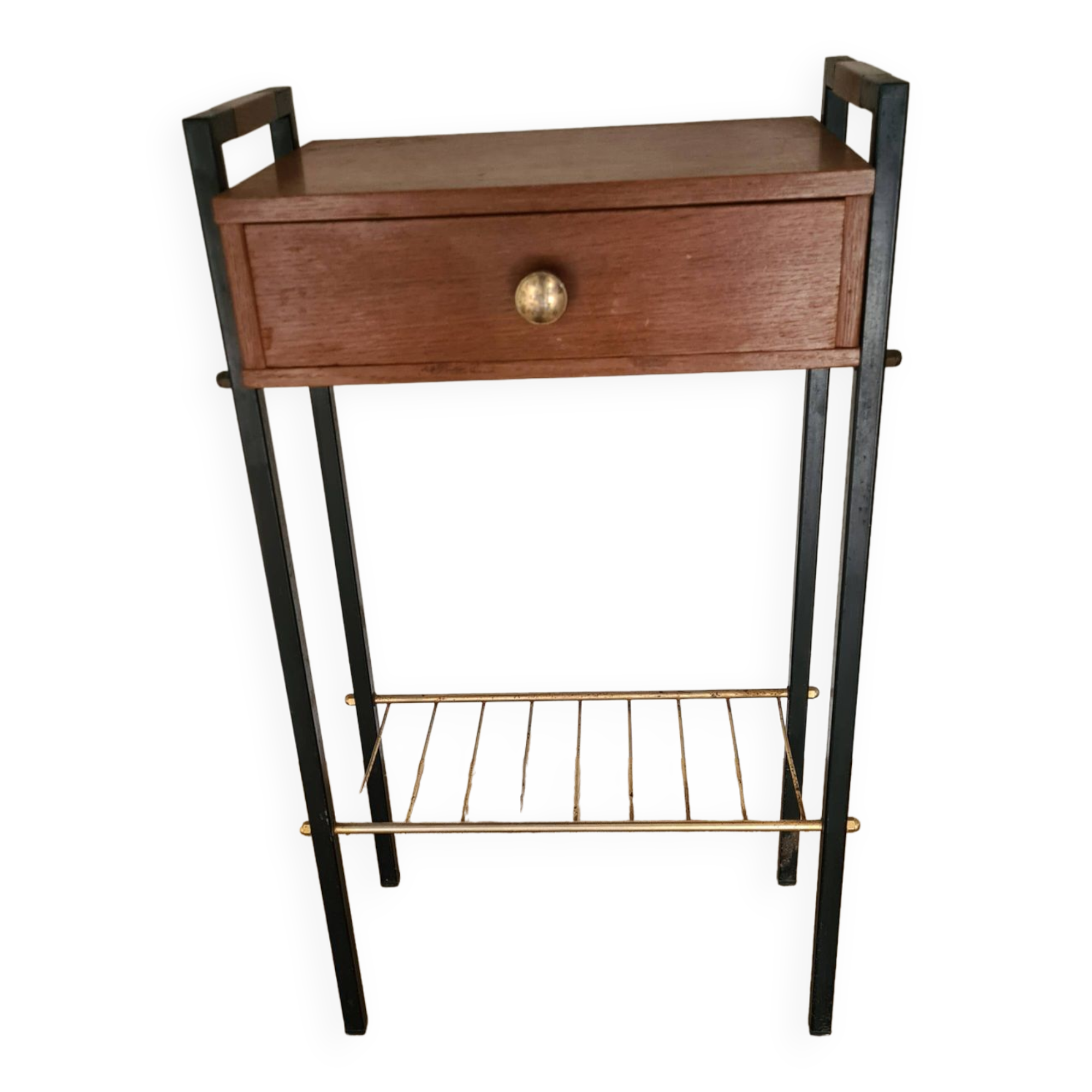 Pierre Guariche style bedside table, wood and metal, vintage, 60s