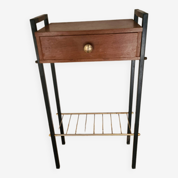 Pierre Guariche style bedside table, wood and metal, vintage, 60s