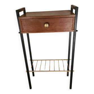 Pierre Guariche style bedside table, wood and metal, vintage, 60s