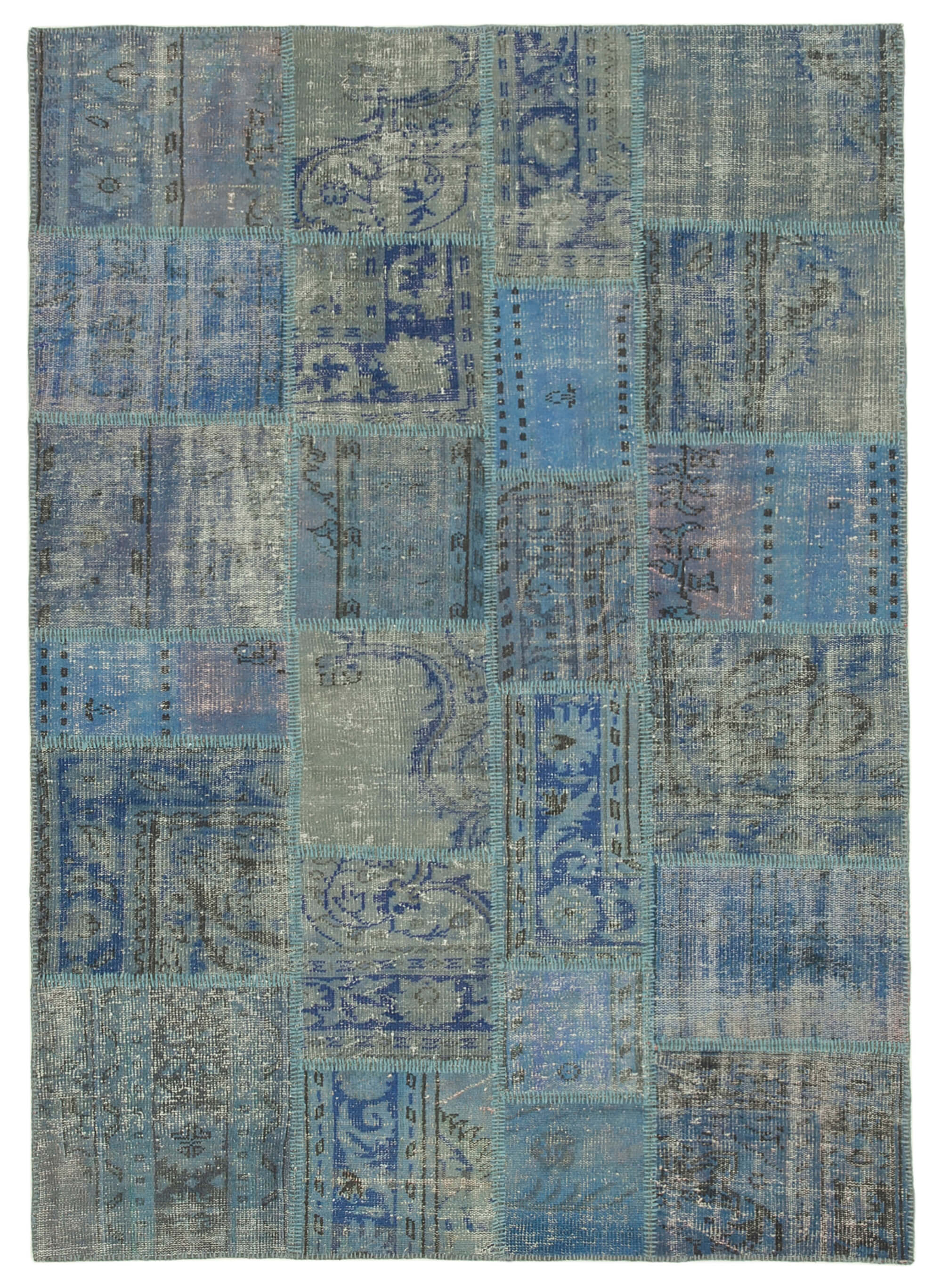 Handwoven oriental vintage 175 cm x 247 cm blue patchwork carpet