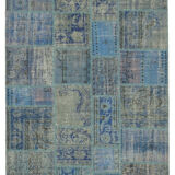 Handwoven oriental vintage 175 cm x 247 cm blue patchwork carpet