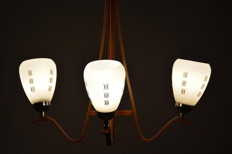 Mid-Century Chandelier in Beech and Glass from Dřevo Humpolec, Czech Republic, 1960s