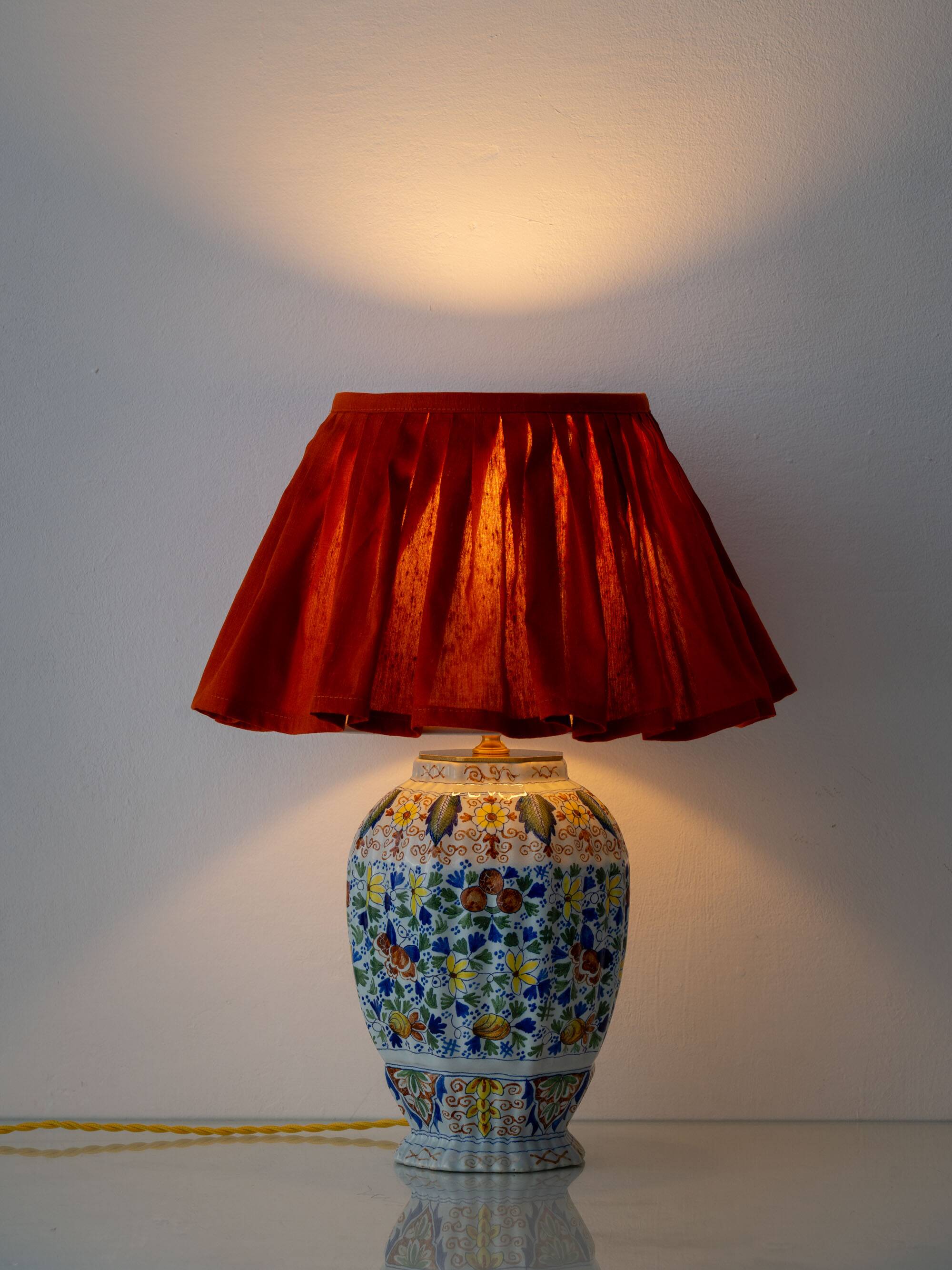 Polychrome Dutch Delft Table Lamp, Tichelaar Makkum, with New Loose Pleat Silk Shade