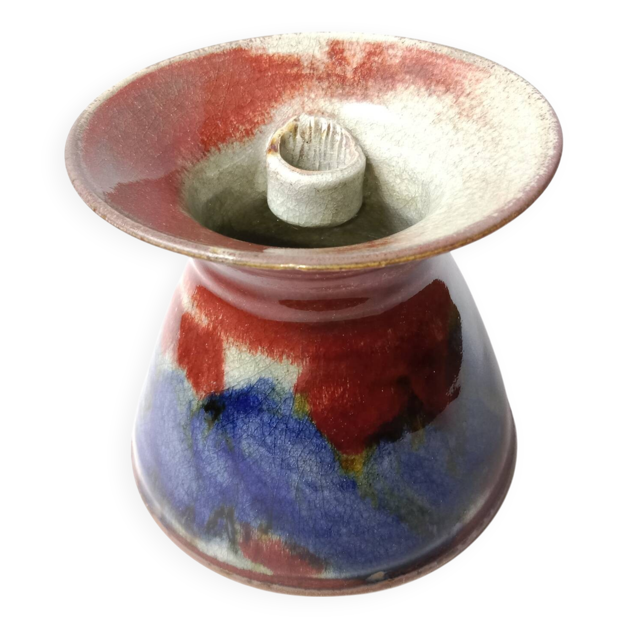 Red and blue glazed stoneware vase signed 12 cm