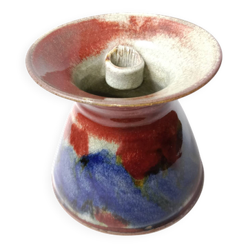 Red and blue glazed stoneware vase signed 12 cm