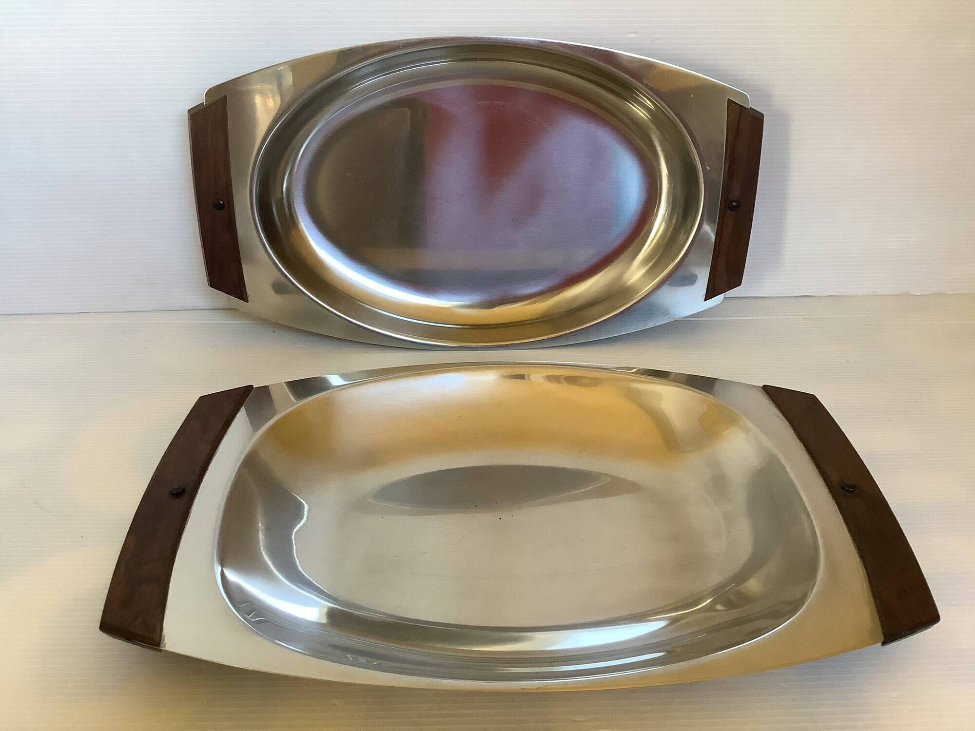 Duo of Scandinavian teak wood metal dishes