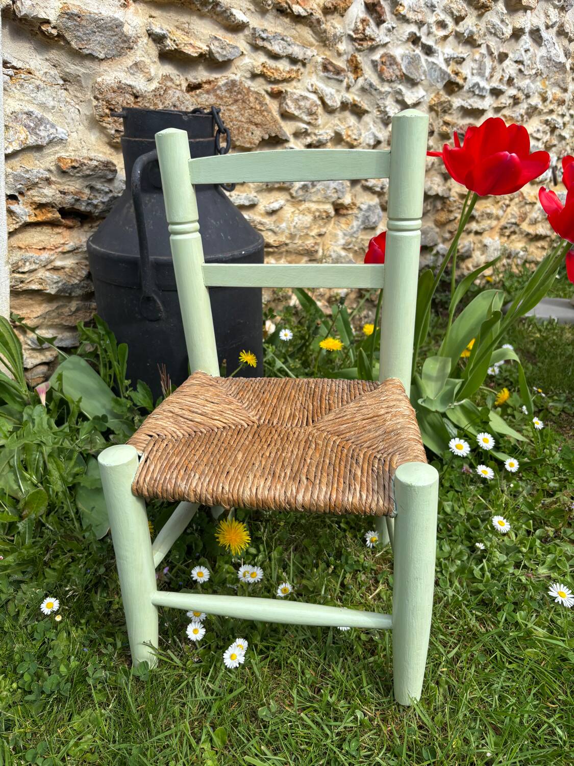 Mint green wooden and vintage straw children's chair