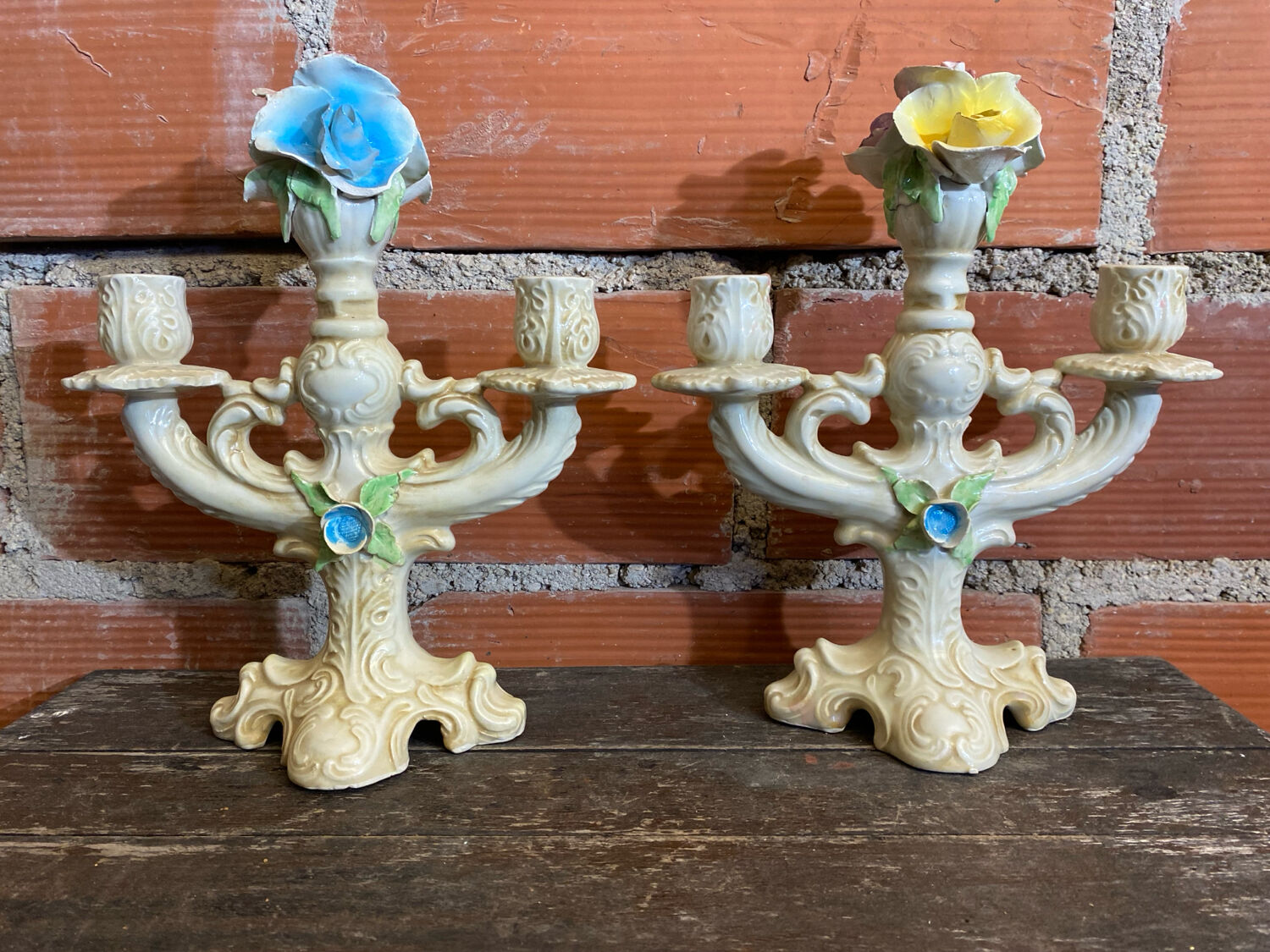 Pair of Double Candelabra Candle Holders CAPODIMONTE Polychrome Ceramic