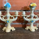 Pair of Double Candelabra Candle Holders CAPODIMONTE Polychrome Ceramic