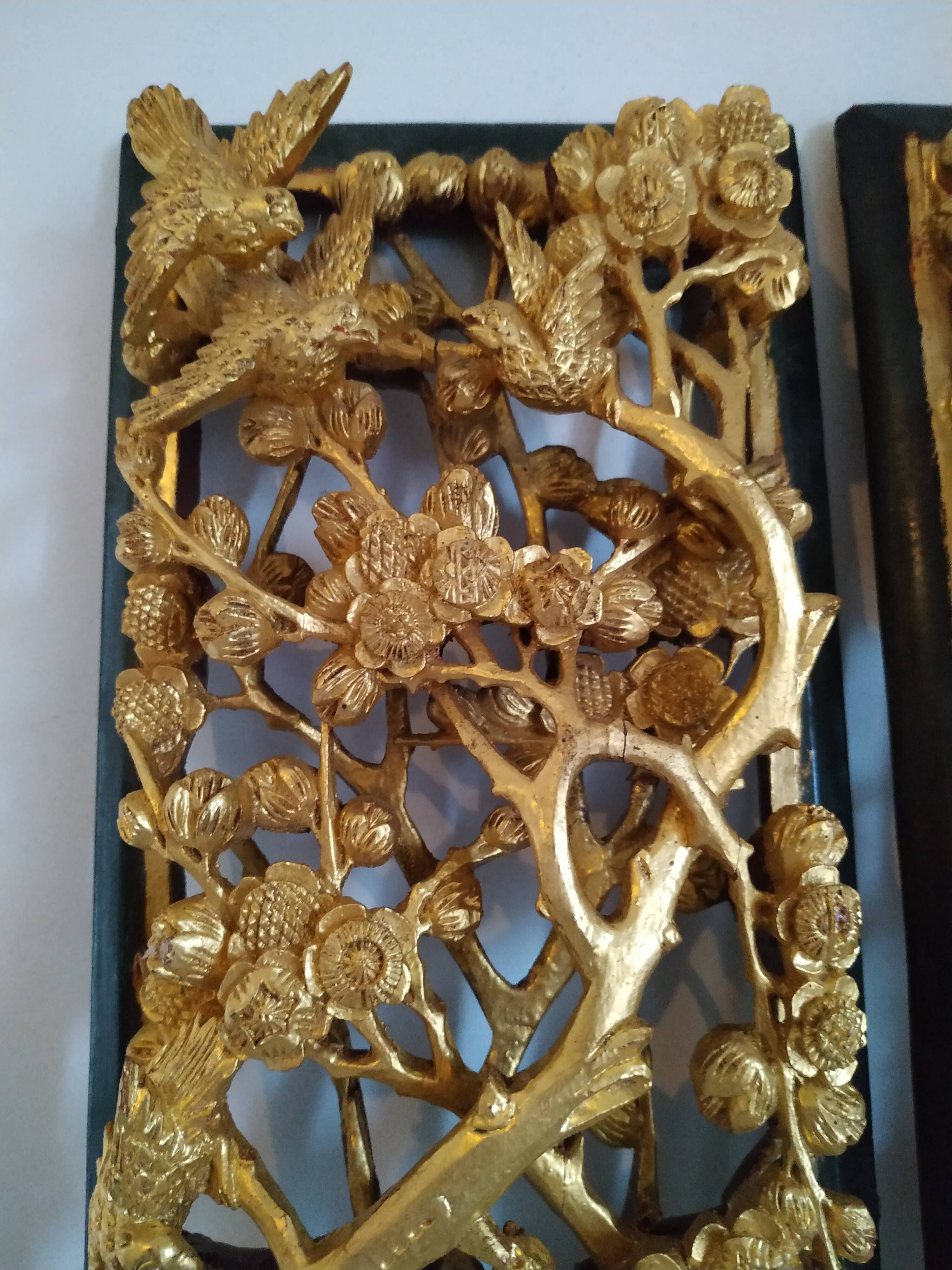 Pair of Ningbo panels in Chinese carved gilded wood