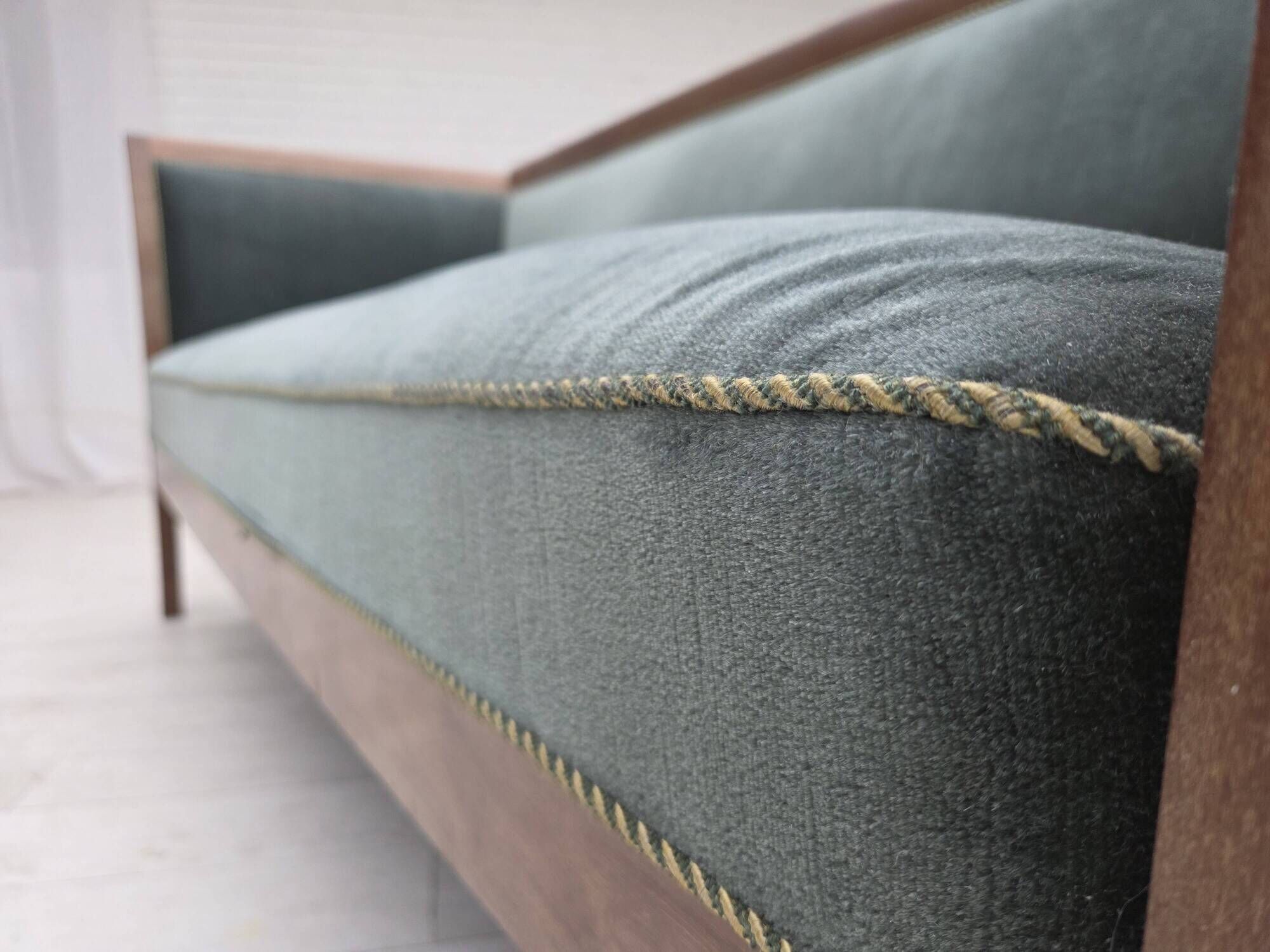 1950s, Danish 3-seater sofa, green/blue furniture velour, ash wood.