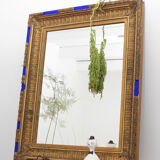 Miroir ancien doré à la feuille et bleu roi vif