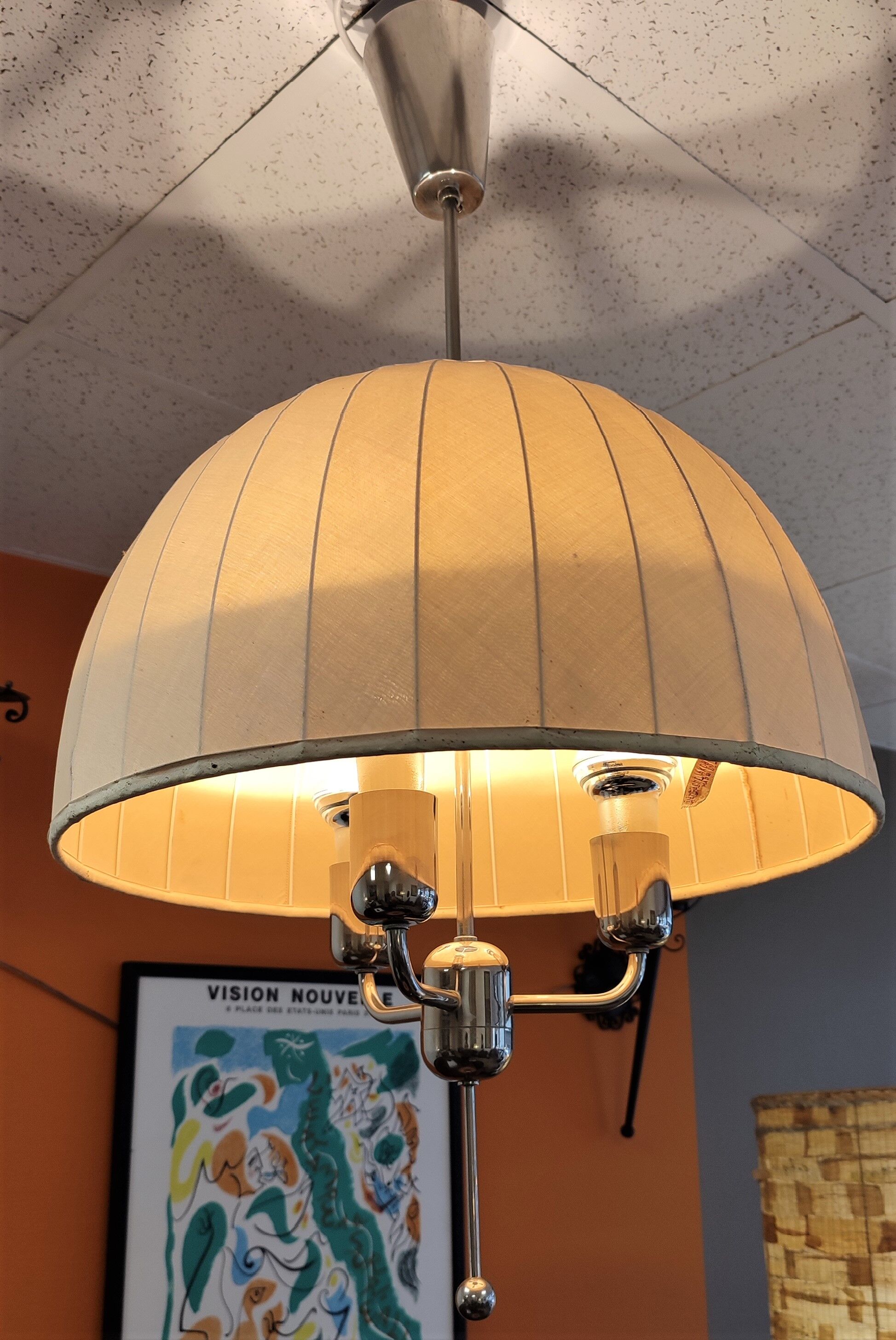 Hans Agne Jakobsson pendant lamp in chromed metal and silk lampshade, 60s