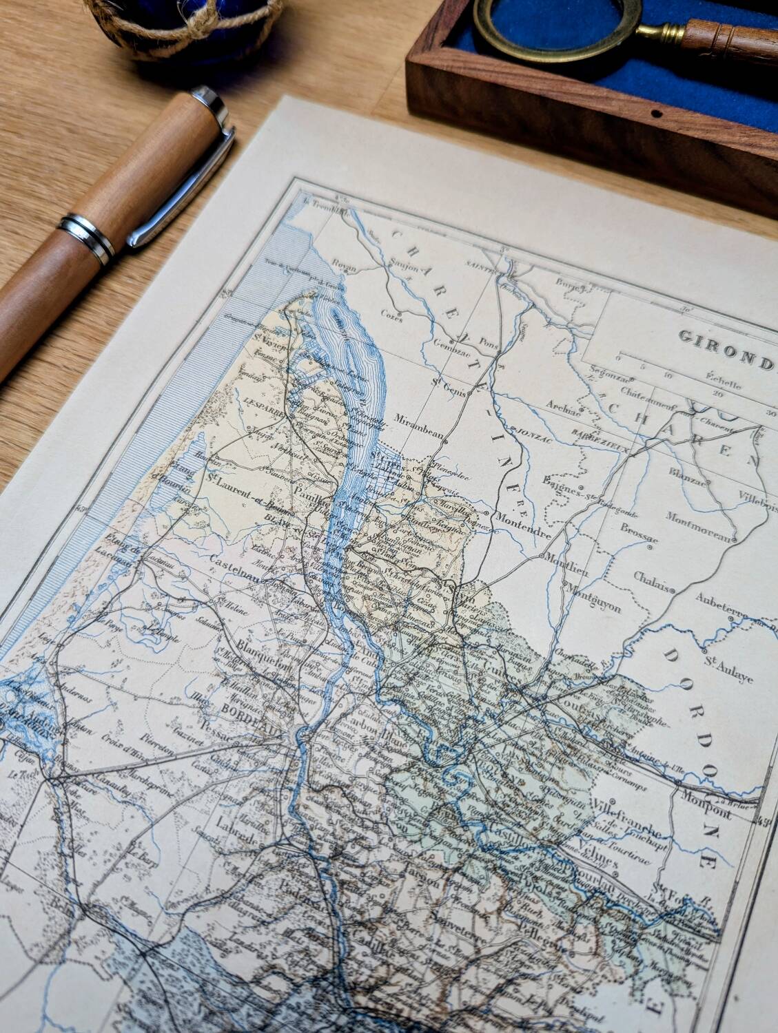 Planche géographique la Gironde, Nouvelle Aquitaine, imprimée en 1889