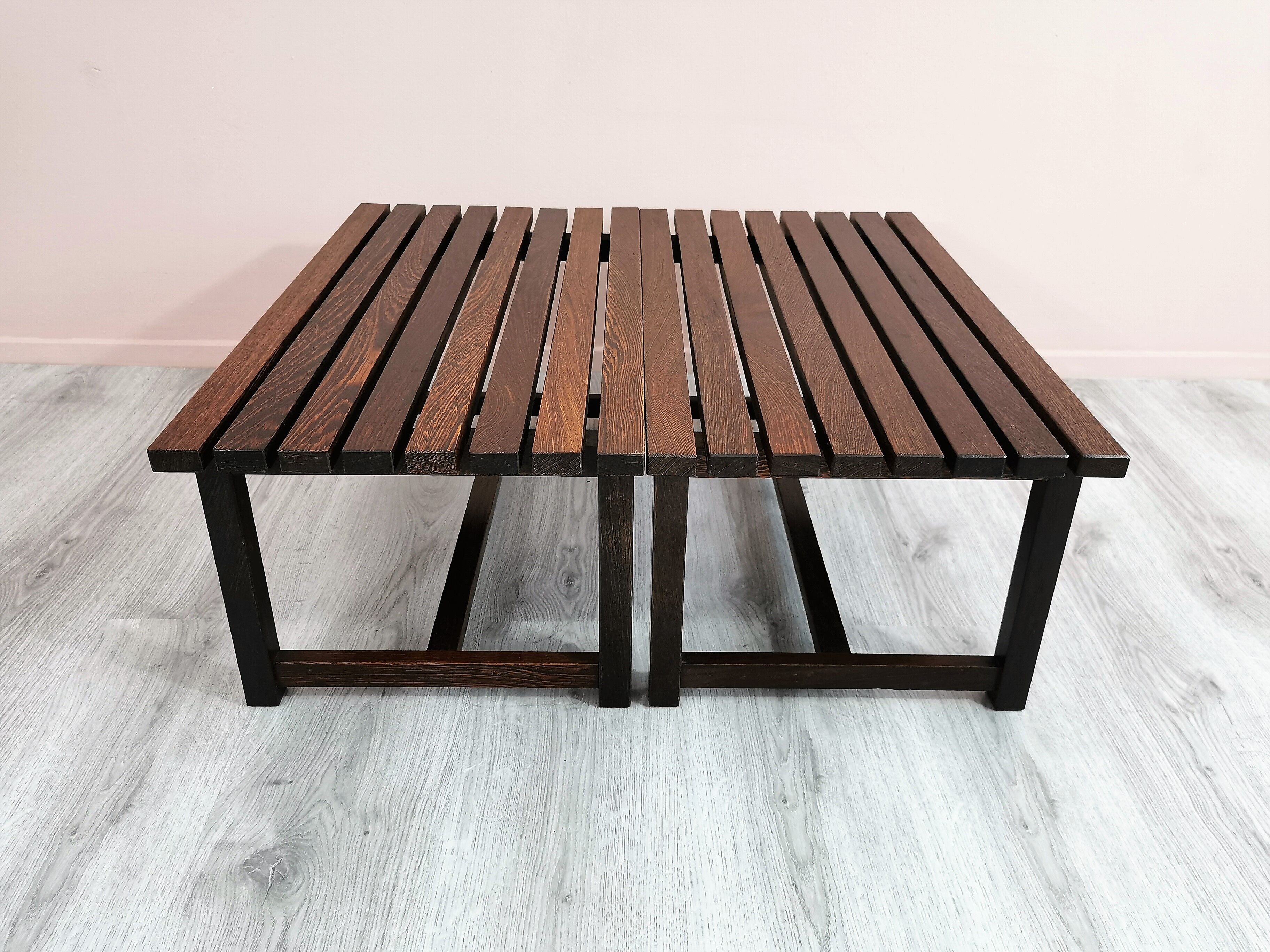 Set of 2 wenge wood slat benches 1970's