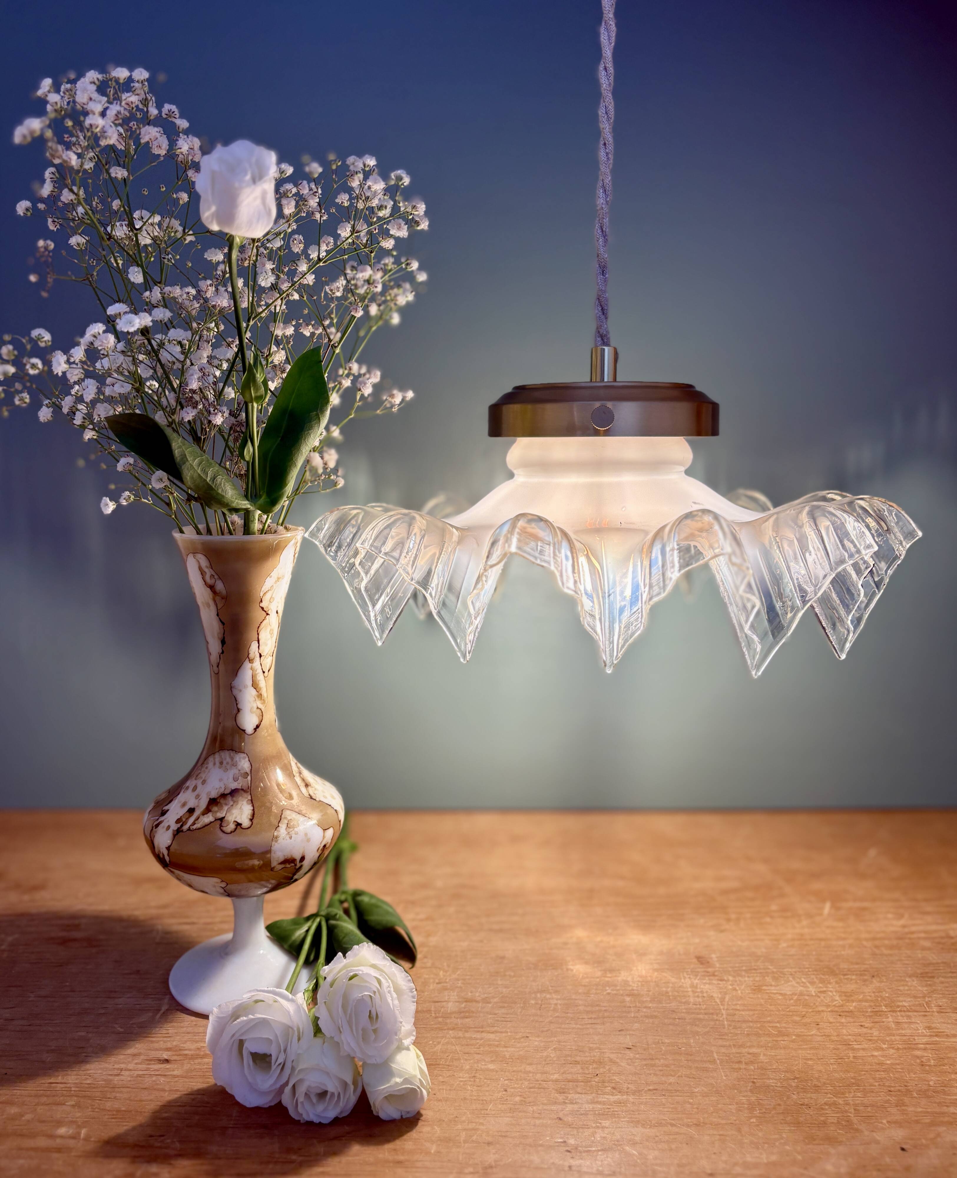 Vintage lace glass pendant lampshade, half white, half transparent