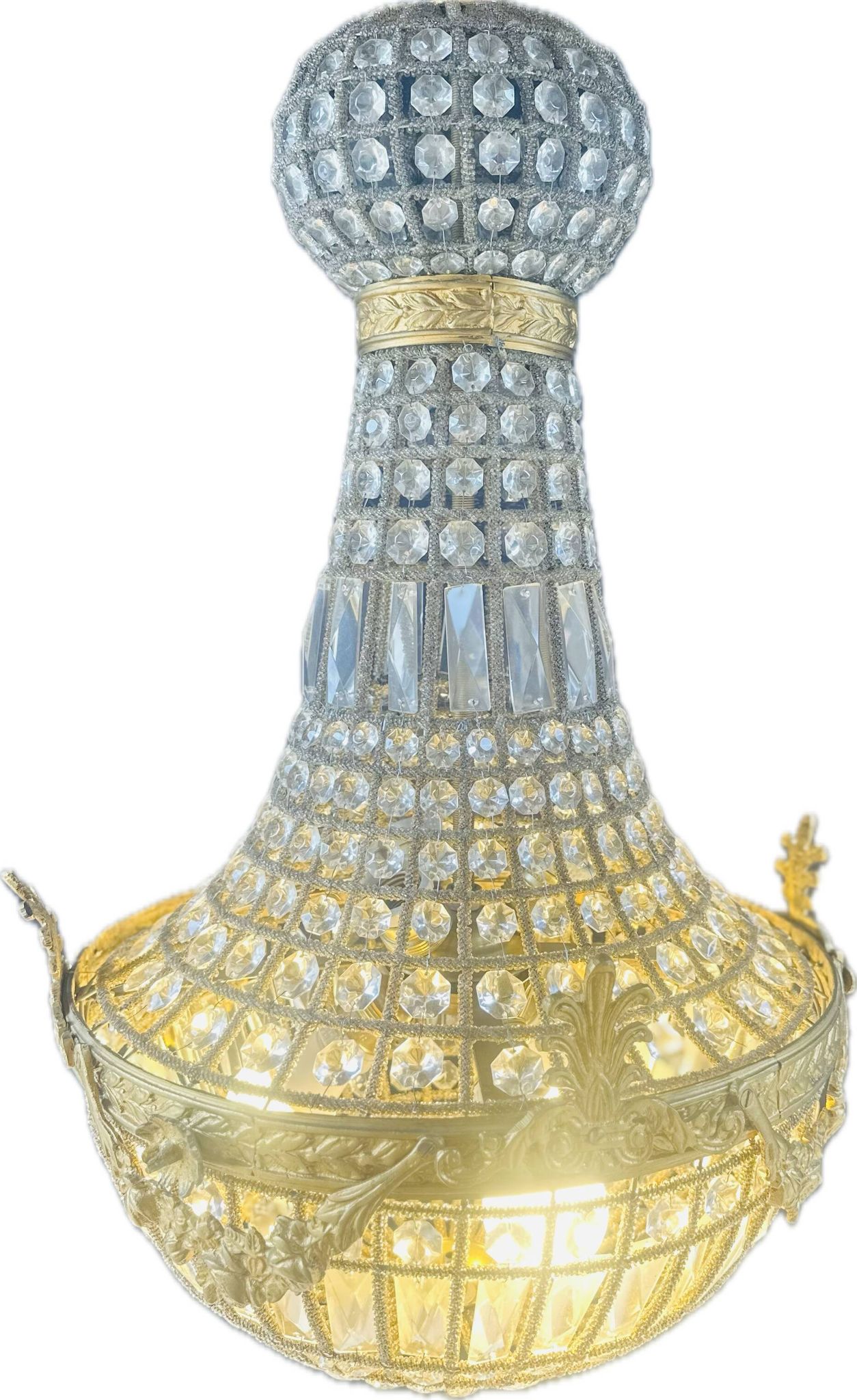 Large Montgolfiere chandelier in gilded bronze and faceted glass pendants