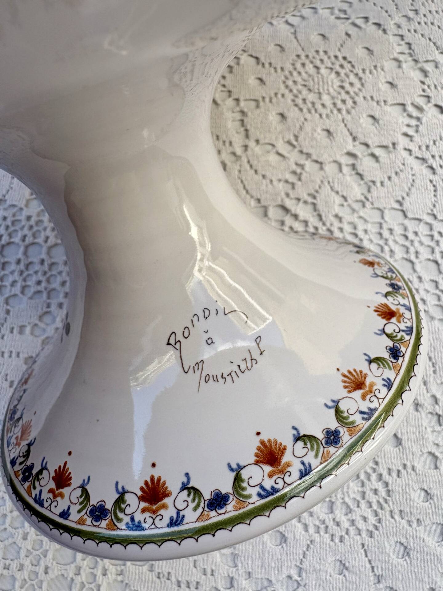 Footed compote signed Atelier Bondil faience from Moustiers