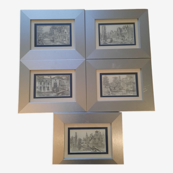 5 lithographs of Bruges, framed