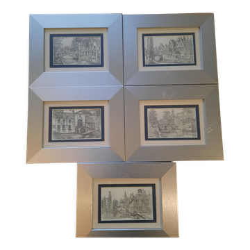 5 lithographs of Bruges, framed