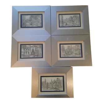 5 lithographs of Bruges, framed