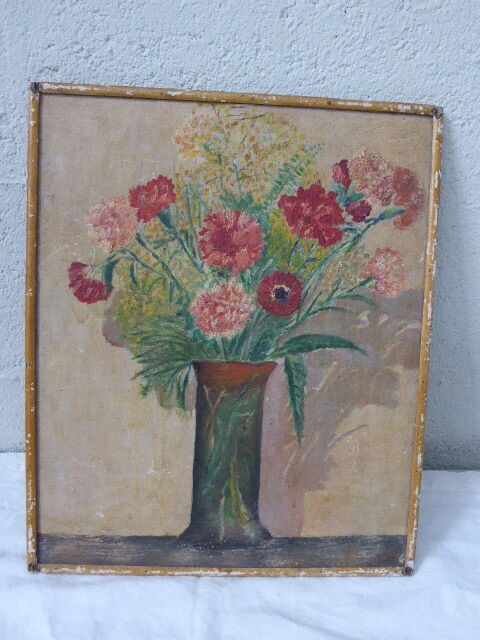 Table bouquet of flowers, painted on a piece of old wood