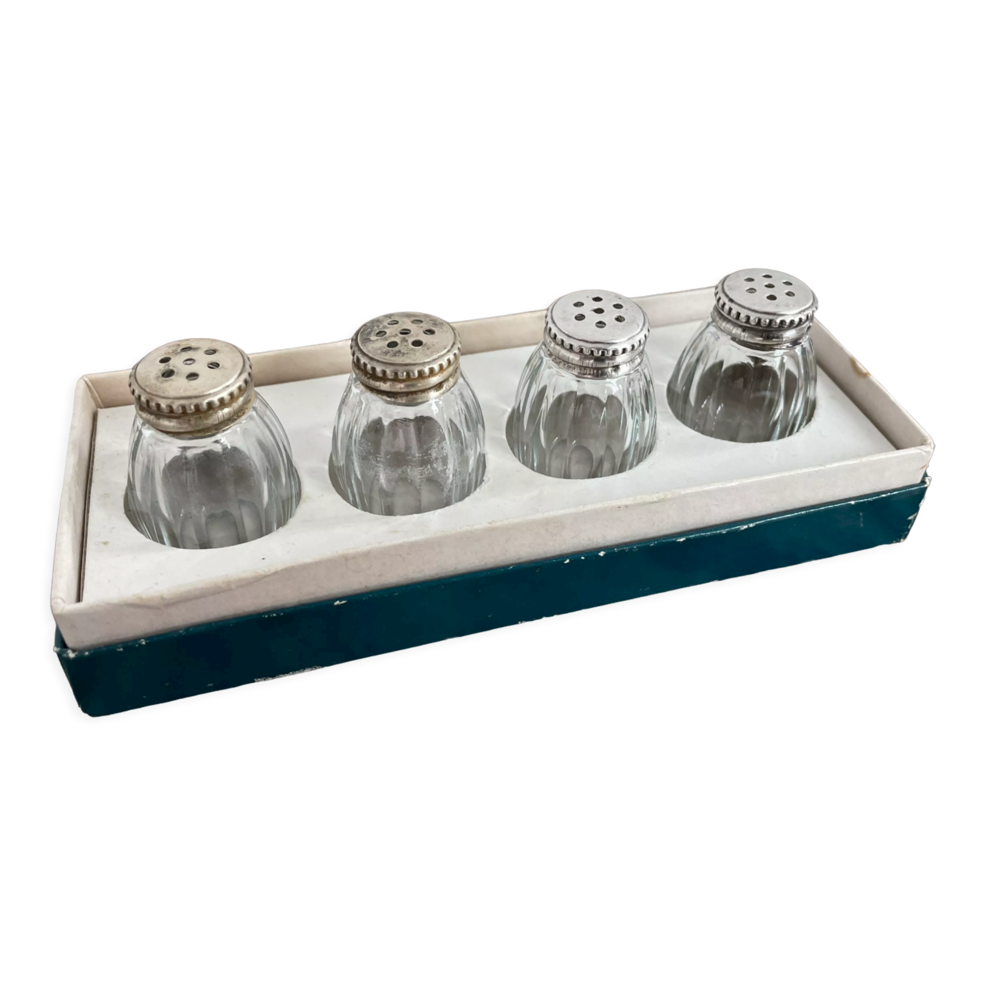 Set of 4 salerons, Christofle goldsmithery, solid silver, pressed molded glass