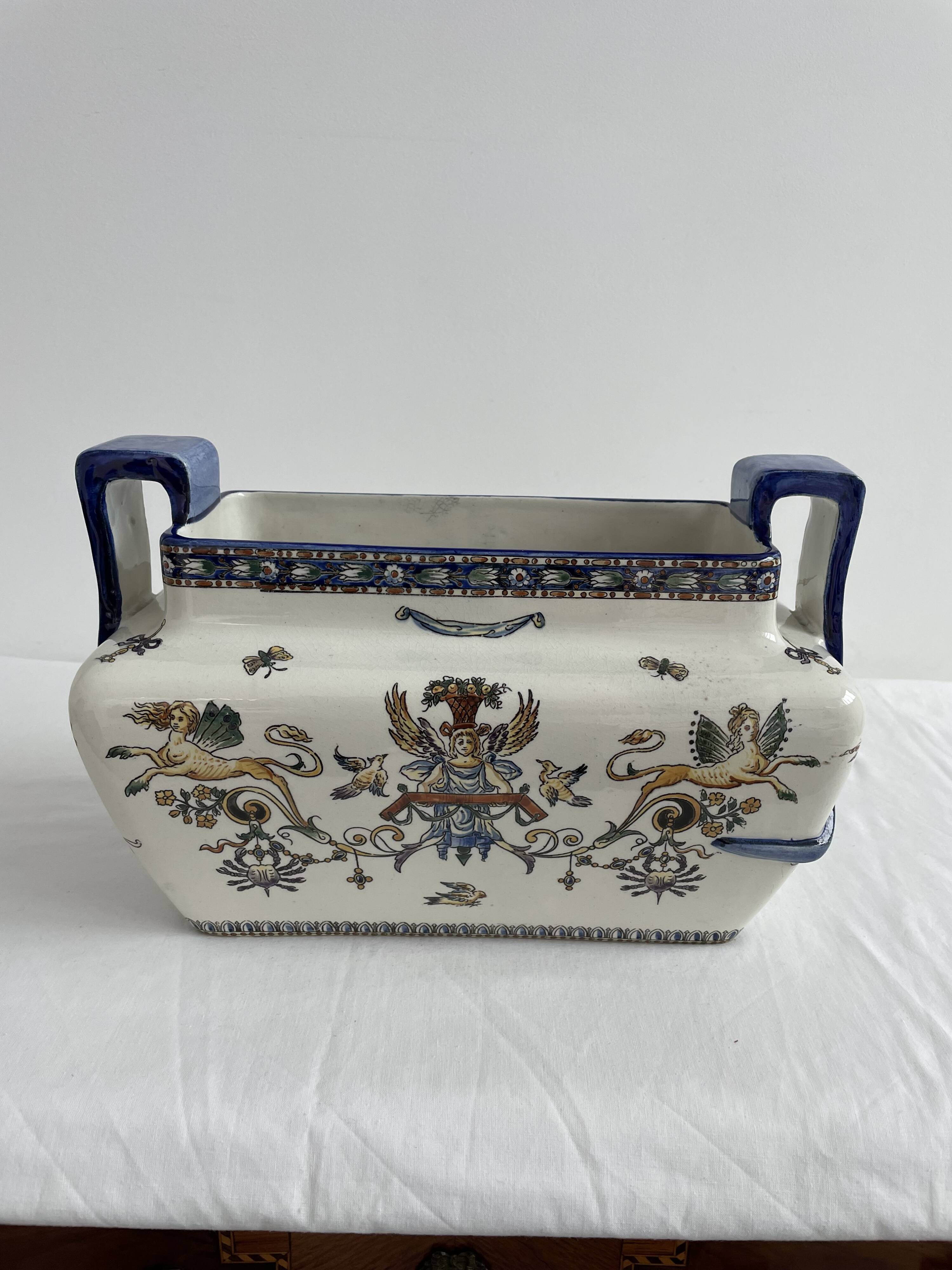 Planter, cache pot, Gien earthenware, rich decoration, Italian Renaissance, winged angel, antique decoration