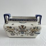 Planter, cache pot, Gien earthenware, rich decoration, Italian Renaissance, winged angel, antique decoration