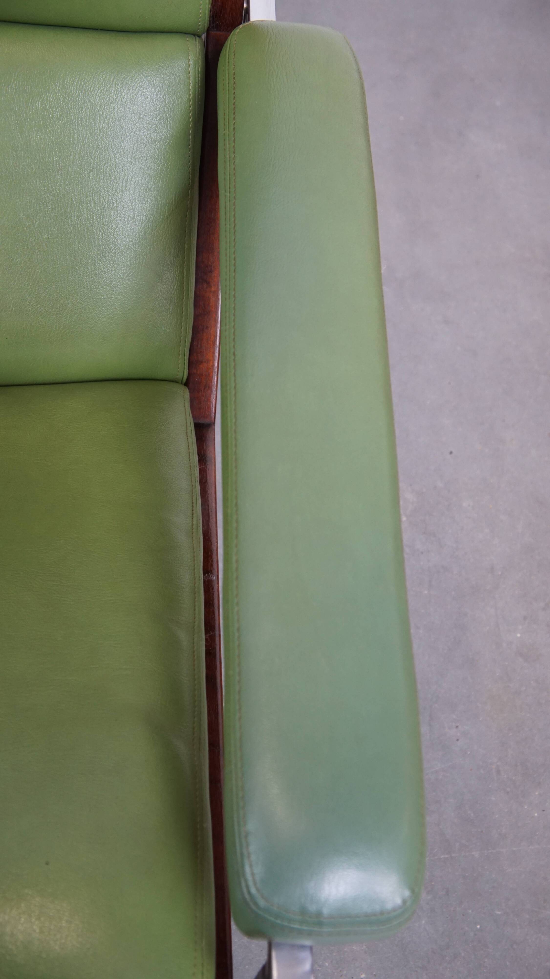 Green cowhide Leather and Wooden Vintage Armchair