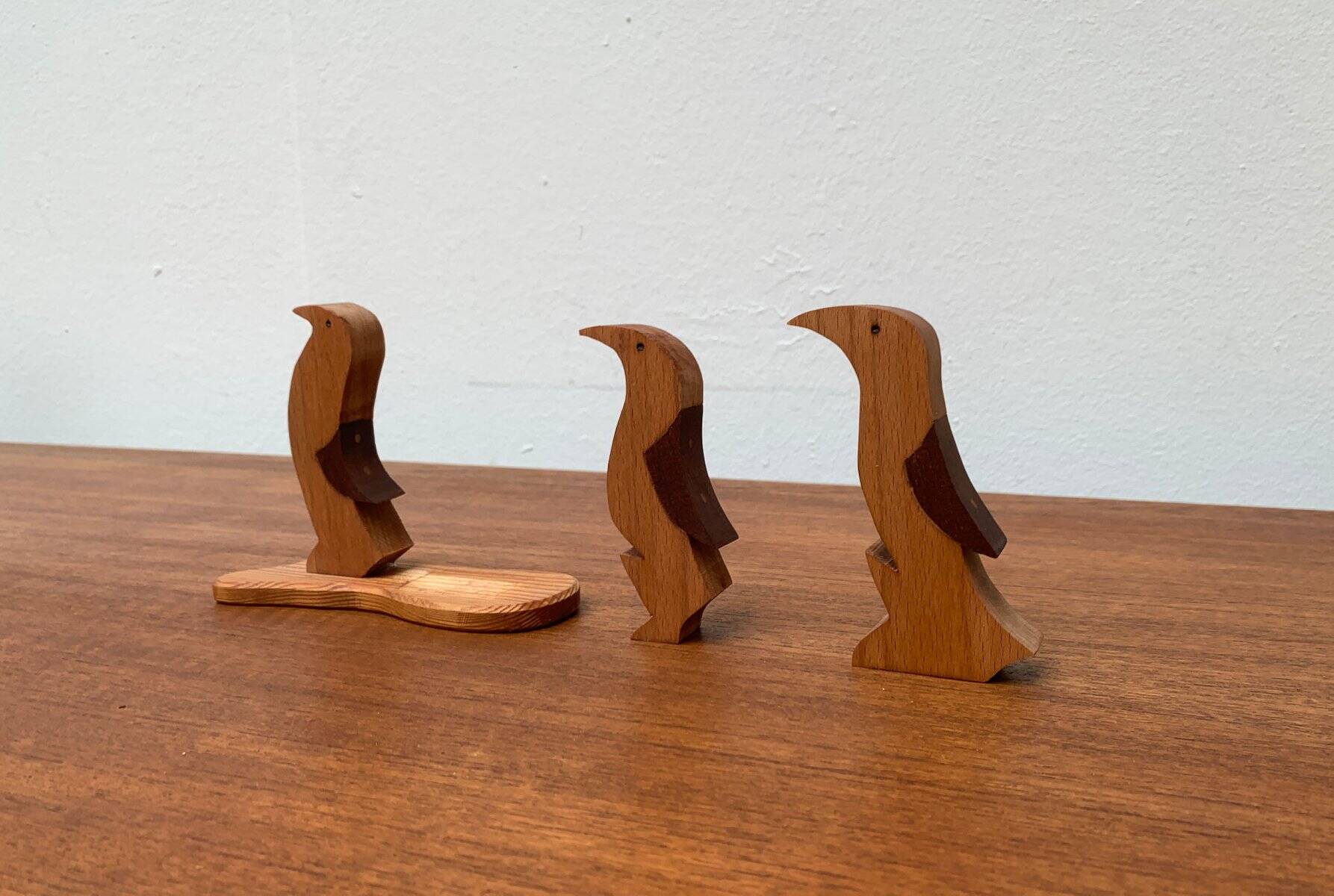 Sculpture vintage en bois de pingouin, ensemble de 3