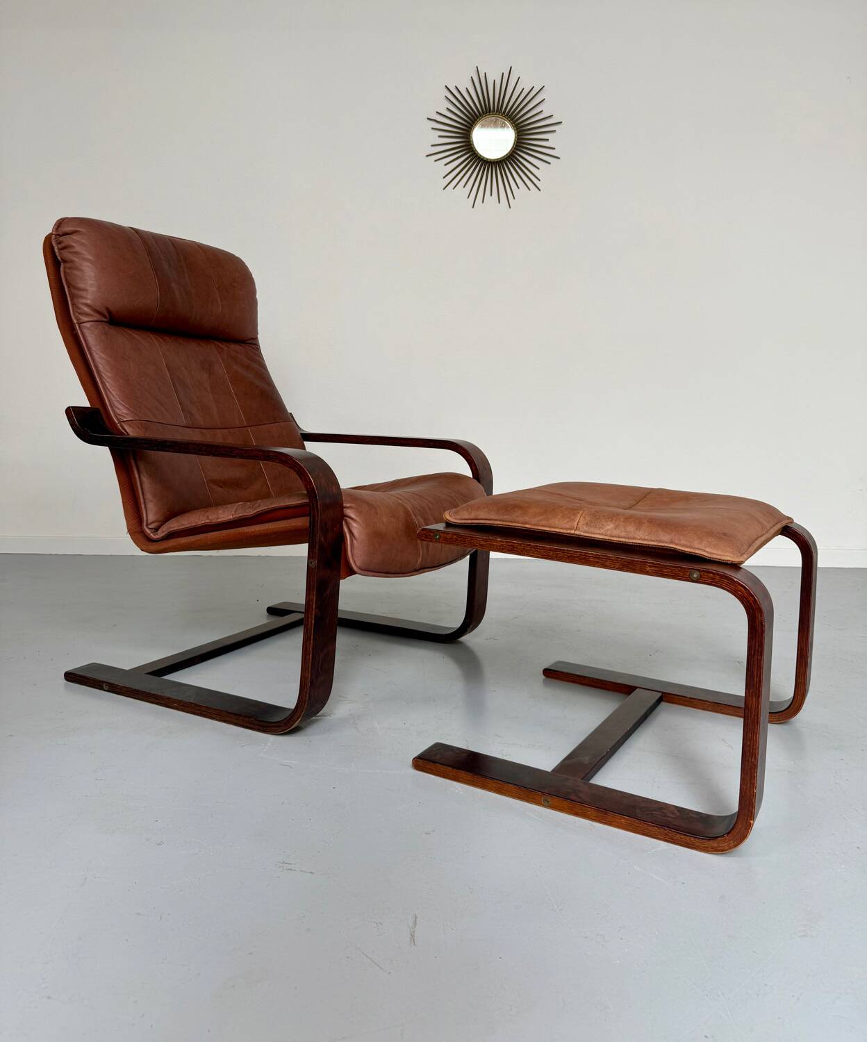 Yngve Ekström 70 Scandinavian design armchair with leather and wood ottoman