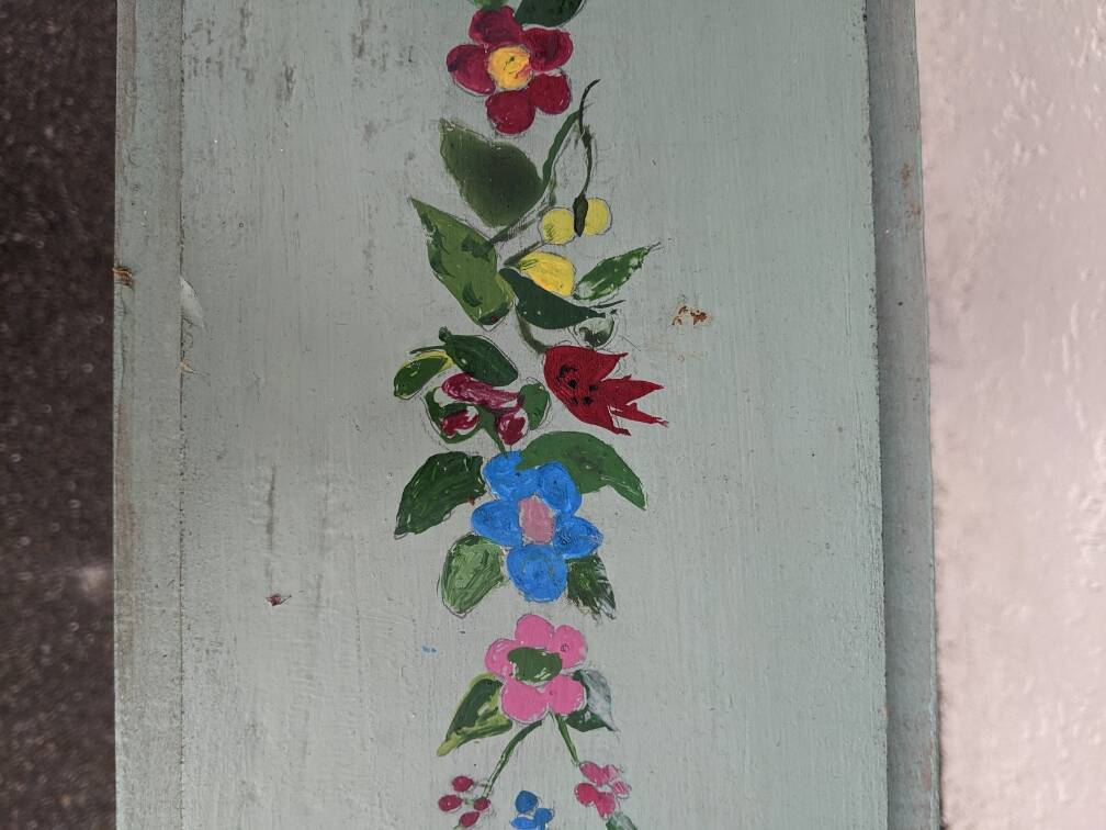 Antique Scandinavian table with bohemian country decor and hand-painted decor