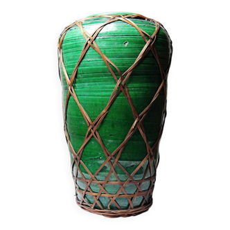 Japanese vase, green ceramic with bamboo lacing, Awaji Yaki, antique 1900-1930.