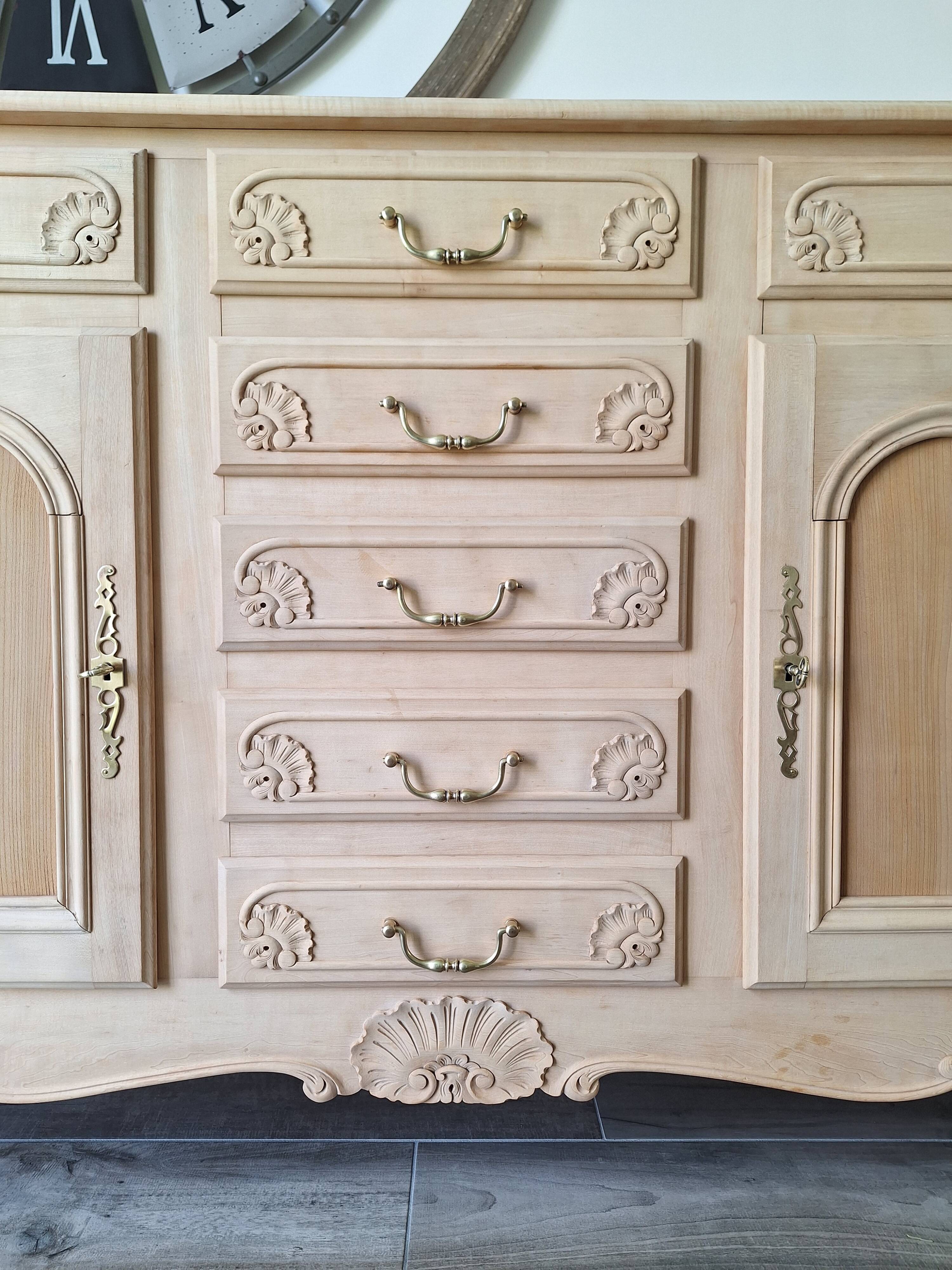 Low buffet in renovated solid cherry wood – Revisited Louis XV style – 250 cm