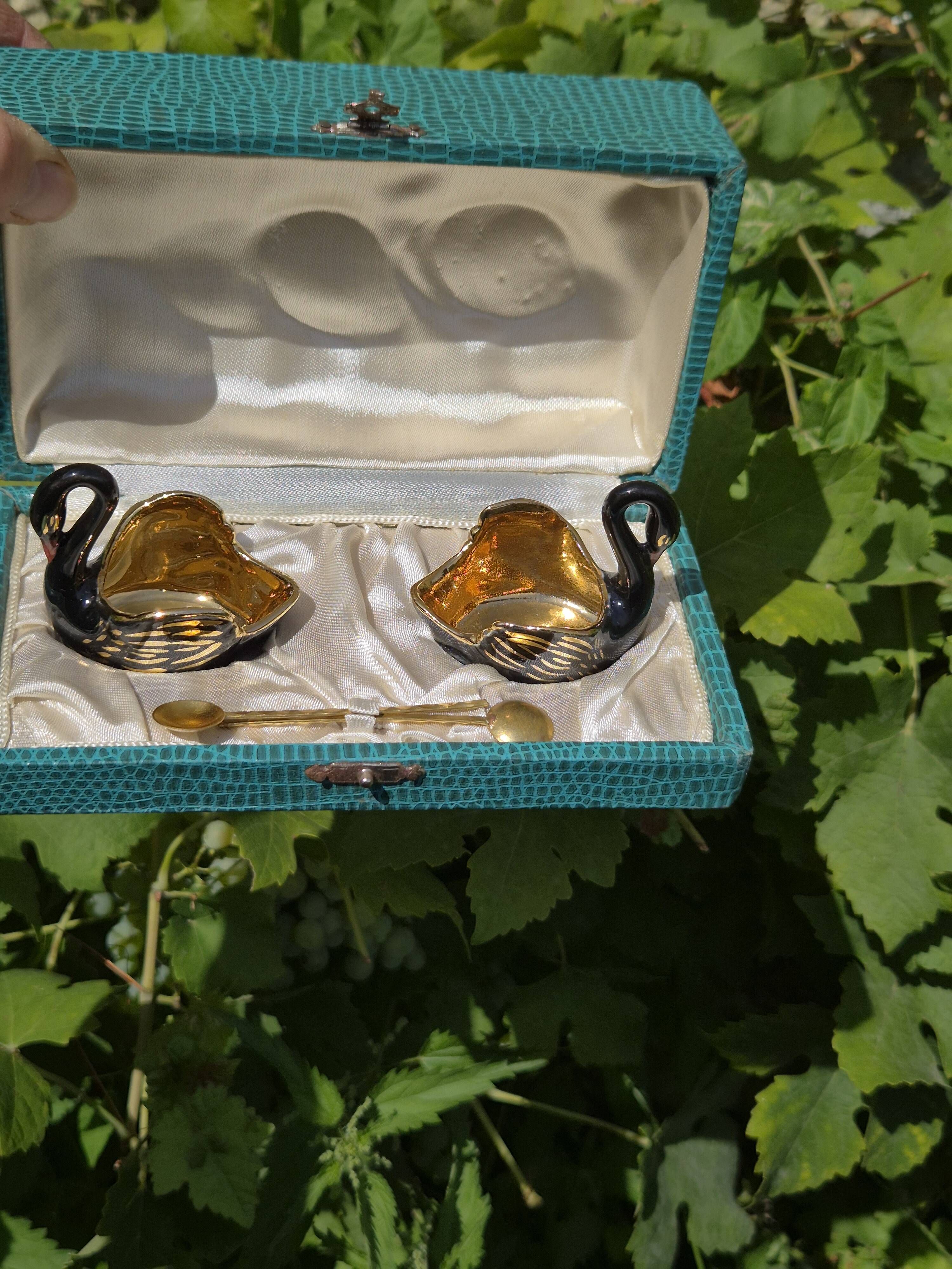Hand-painted Porcelain Black Swan Salt Cellars Set in original box