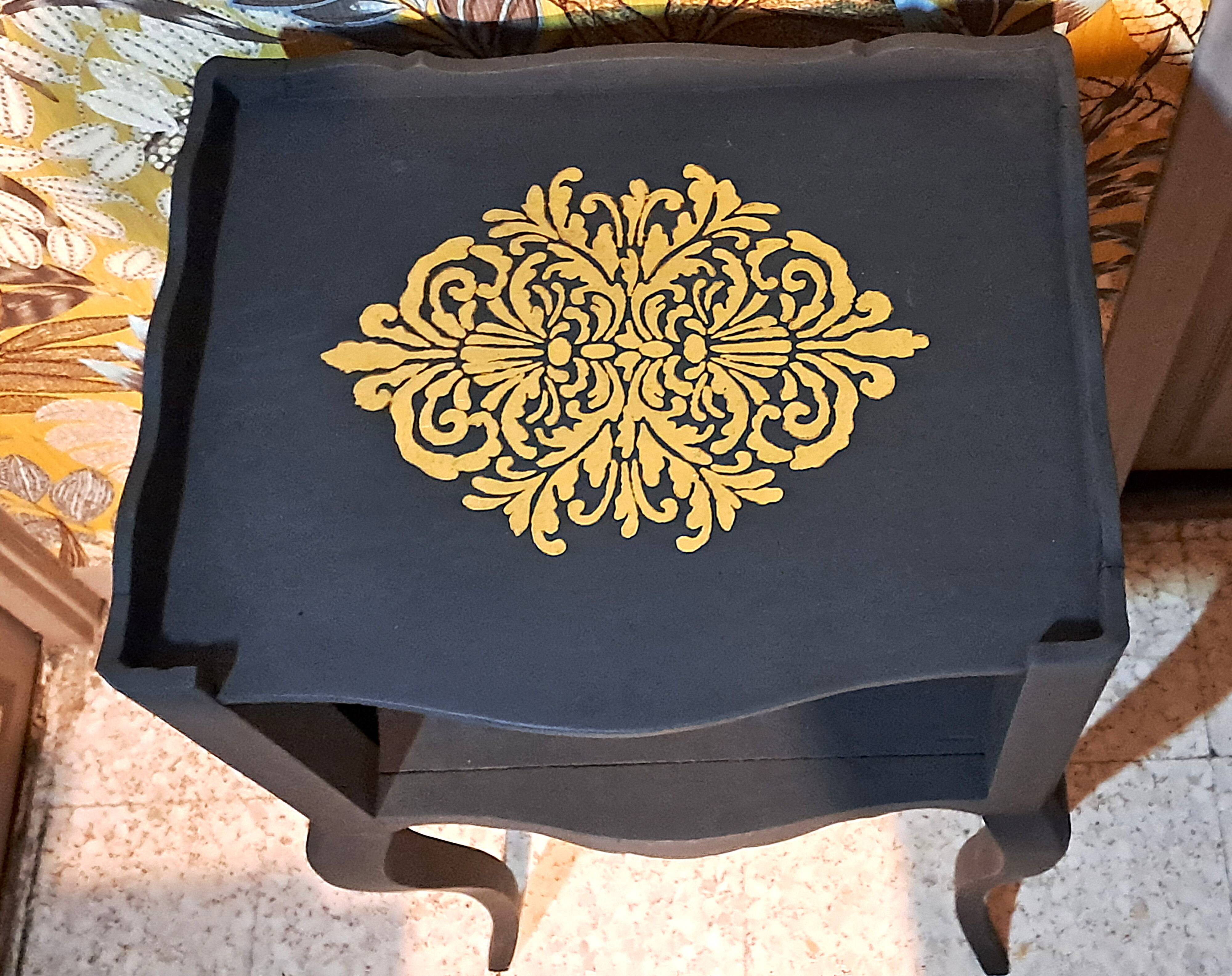 1930 bedside table, repainted wood in black with a golden rose motif.