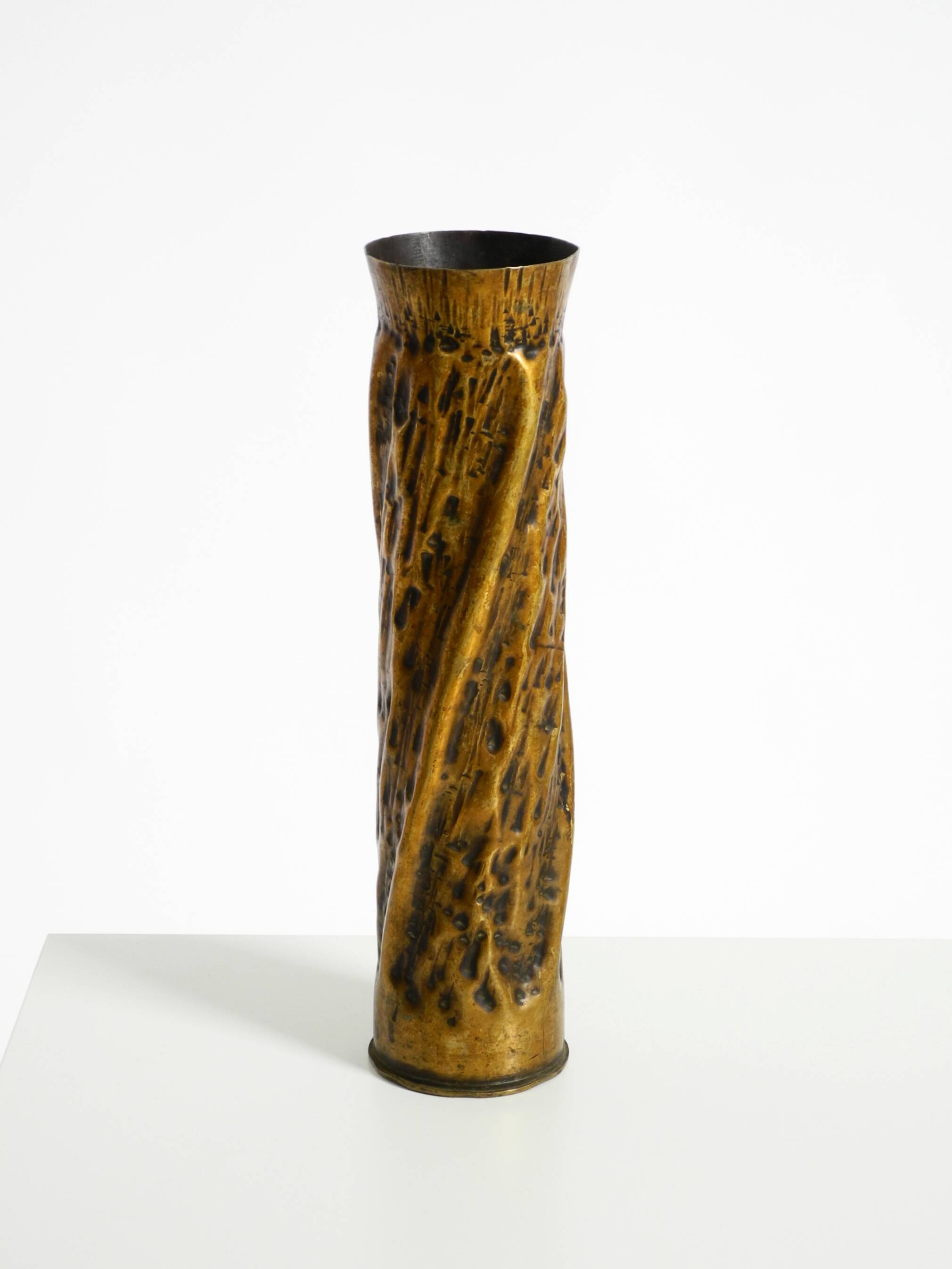 Unique large brass vase in a Brutalist design, handcrafted in December 1975