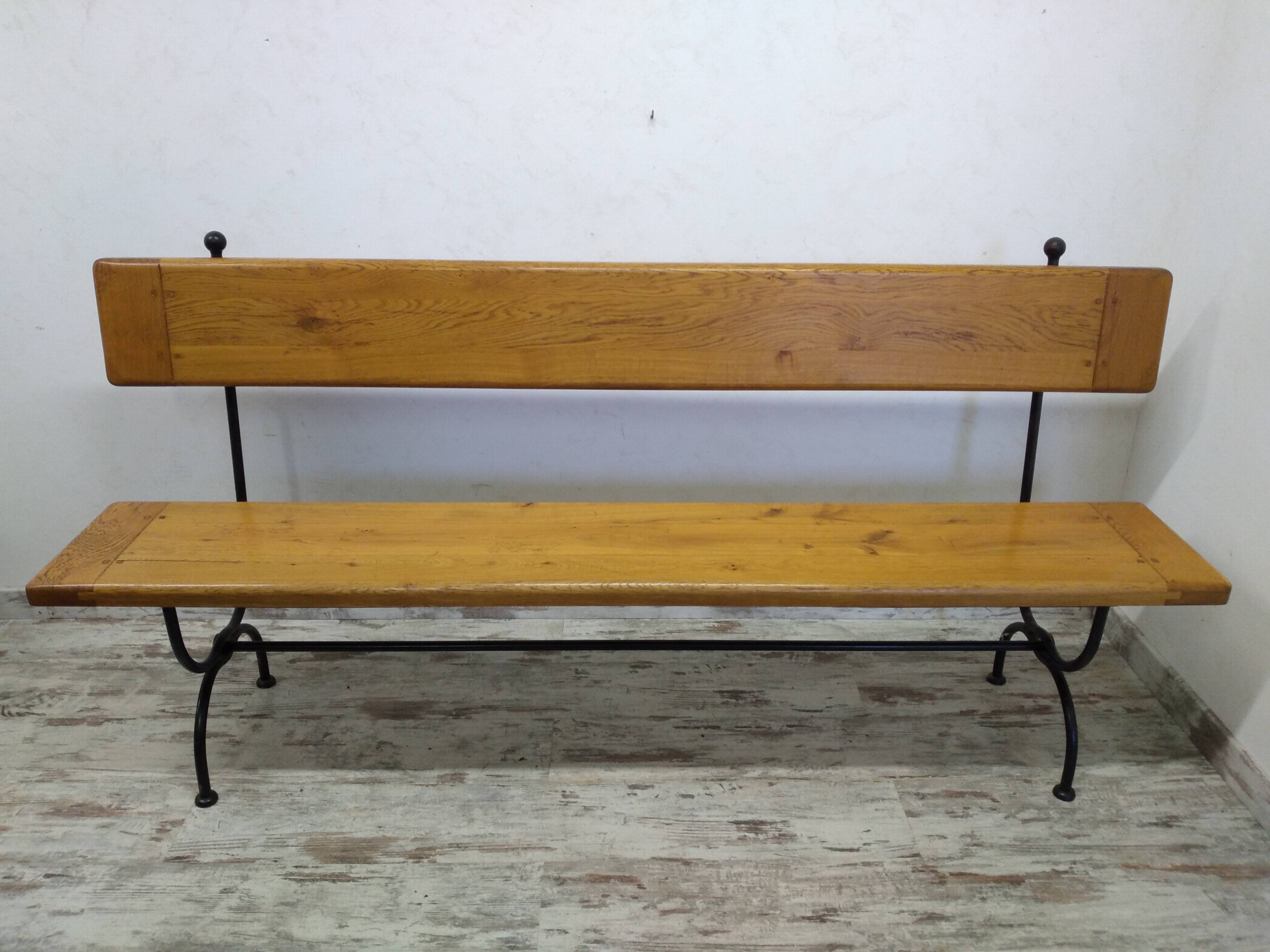 Oak and wrought iron bench